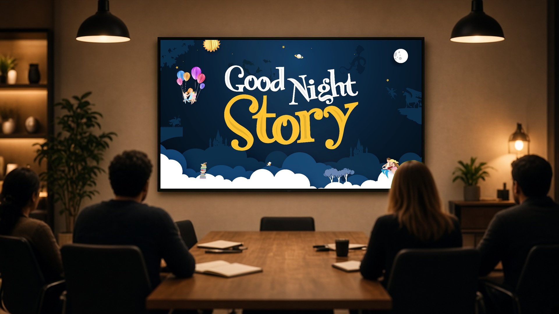 מצגת משקיעים של Good Night Story על מסך גדול בחדר ישיבות, ואנשים צופים בה סביב שולחן